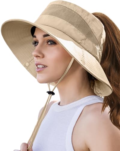 Beach Sun Hats for Women UV Protection with High Ponytail Hole UPF 50+ Fishing Safari Garden Hiking Hat Women Water Resistant Packable Sun Hat Khaki