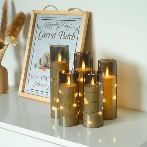 Image of Flameless LED Candles with Timer Acrylic Shell Flickering Flameless Candles for Romantic Ambiance and Home Decoration with Embedded Star String Battery Operated Candles 5 Pack（Grey）