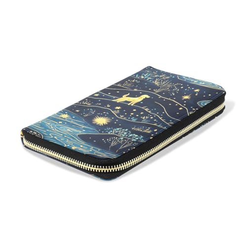 Womens Long Leather Wallet Zip Around Clutch Purse Large Capacity Card Holder Organizer Blue Starry Golden Retrievers4