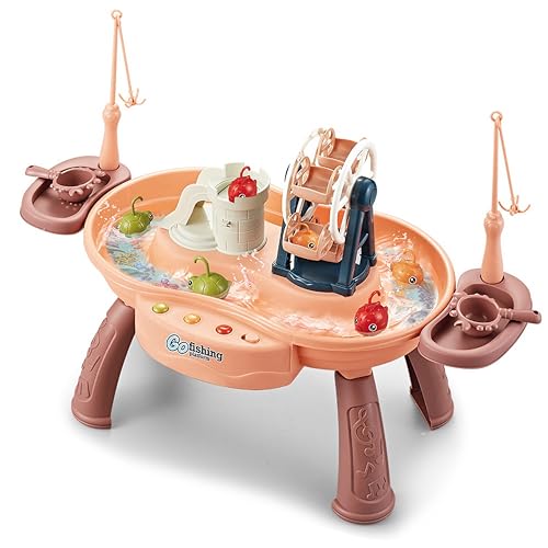 JS-Drhome Water Circulating Fishing Game Board Play Set with Music,Fishing Toys and Waterwhee,Interactive Small Toddlers Water Table, Kitchen Sink Table Play,Kids Role Play