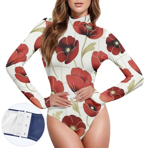 Body de manga larga para mujer con cuello alto y estampado botánico rojo 2