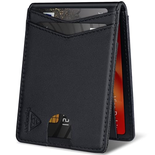 Wallet for Men Genuine Leather RFID Blocking Bifold compact Wallet With Magnetic Closure 1 ID Window (Black)
