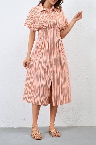 Image of Women's Striped Button Front Pleated Maxi Shirts Dress Short Sleeve Collar V Neck Summer Casual Corset Long Dress