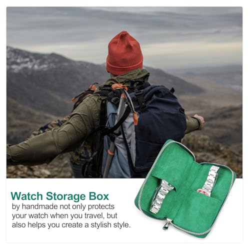Image of CONTACT'S FAMILY Genuine Leather Watch Box Watches Organizer 2 Slot Zipper Watch Holder Pouch for Travel Vintage Watches Case and Storage Bag (Green)