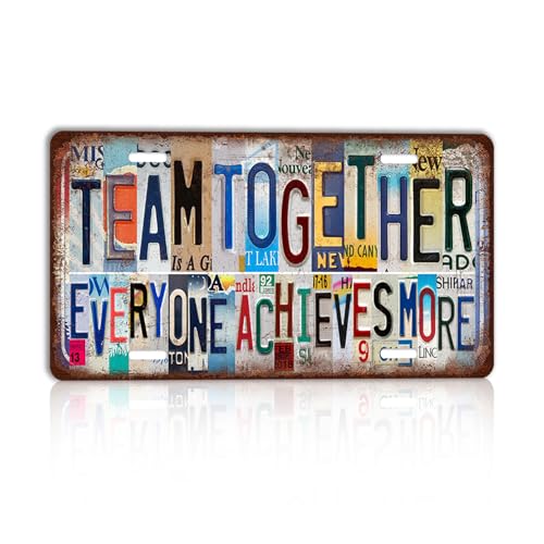 CHCdecor Vintage Tin Sign Team Together Everyone Achieves More Motivational Teamwork License Plate Wall Decor for Home Office Garage Gym 12x6 Inch