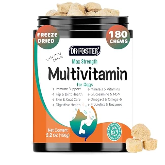 Dog Multivitamin, Dog Vitamins and Supplements, Multivitamin for Dogs with Glucosamine, Probiotics & Omega 3 for Joint, Digestive, Skin, Coat and Immune Health, Chicken Flavor - 180 Bites-5IGRhrHg