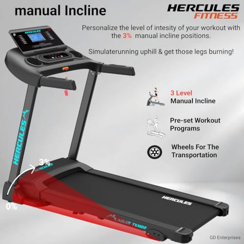 Image of Hercules Fitness Adler TXM22 3.0 HP Peak DC Motorized Treadmill Max Speed 12 Km /Hr Max User Weight 120 KG Home Use Treadmill Bluetooth Speaker 3 Level Manual Incline Foldable Structure Gym Equipment