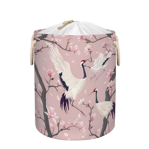 Ginfult Cesta de almacenamiento de ropa grande con diseño de grúa de cerezo rosa, cesta de almacenamiento de ropa redonda con cordón, cesta plegable para la ropa sucia para dormitorio o guardería