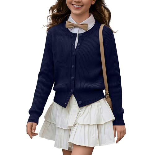 LessonZoo Girls Uniforms Cardigan Long Sleeve Ribbed Knit Crew Neck Shirt Button Down School Kids Student Outerwear Top(Navy Blue 9-10 Years)