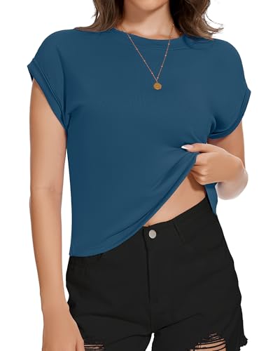Image of Womens Crop Tops Summer Roll Cap Sleeve Cropped Tshirt Loose Fit Basic Tees
