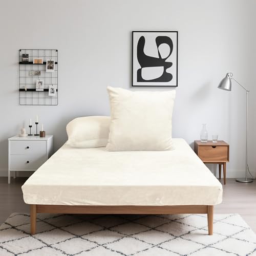 Mixibaby Flanell-Spannbettlaken Winter Microfaser extra weich & warm beidseitig angeraut 30 cm Steghöhe, 360°-Gummizug, pillingarm & pflegeleicht, Größe:180 x 200 cm, Farbe:Beige