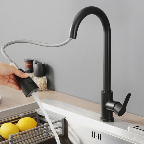 Image of Flora SS-304 Pull Down Sprayer Kitchen Hot and Cold Sink Mixer Tap with 360 Swivel Spout and Pull Out Multifunction Spray Head Faucet - Regular (FU | Black)