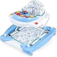 Maxmass 6-in-1 Baby Walker, Infant Activity Center With 3 Adjustable Heights, Light, Music, Wheels, Padded Seat, Rocker Mode And Food Tray, Foldable Toddler Push Along Walker For 6-18 Months (Blue
