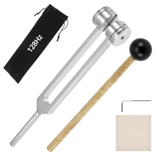 QWORK® Horquilla de Afinación 128 Hz Aleación de Aluminio con Martillo de Silicona y Bolsa - para Terapia de Sonido, Meditación y Curación