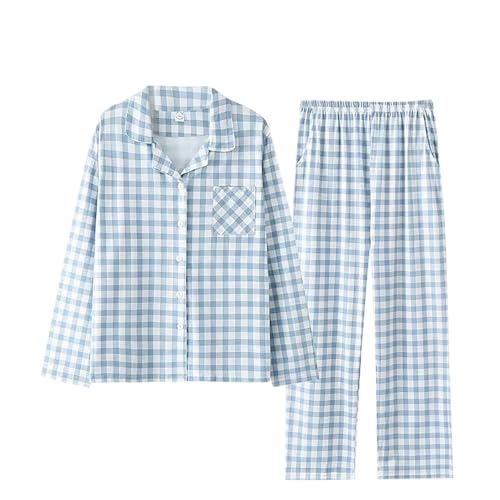 Image of Mens Pyjamas Set Cotton Checked Lounge Wear Long Sleeve Top & Bottoms Pyjamas for Men Soft Nightwear Pjs Light Blue