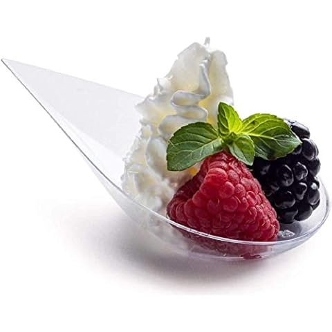 DLux 100 4-in Tear Drop Mini Appetizer Plates, Reusable Clear Plastic Spoons - Desserts and Appetizers Dishes Serving Plate - Asian Spoon Set, Small Catering Dessert Tasting Cups - with Recipe Ebook Cover