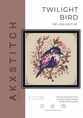 Fantasy Bird Cross Stitch Kit, Pink Purple Floral Embroidery Pattern of Moon & House in Twilight Dusk - Image 2