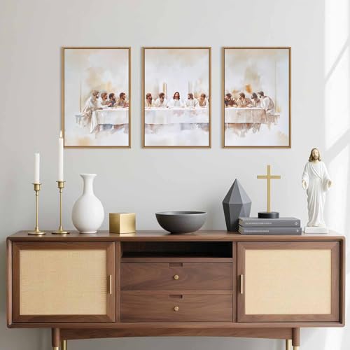 Image of KAIRNE Jesus Last Supper Framed Canvas Wall Art Set, Christian Twelve Apostle Wall Decor, Bible Renaissance wall Painting, Religious Picture Art Print for Living Room, Bedroom, Church-16 x24 x3