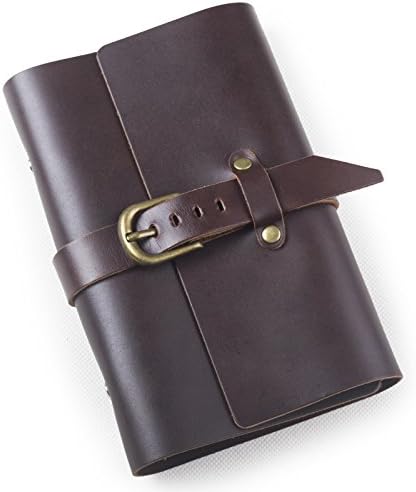 Classic Refillable Leather Journal with Strap Buckle Loose Leaf Binder Blank Lined Craft Paper 3.75 X 6.75 Inches with Gift Box (Dark Coffee & Lined Craft Paper)