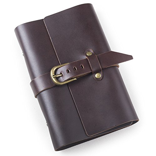 Classic Refillable Leather Journal With Strap Buckle Loose Leaf Binder Blank Lined Craft Paper 3.75 X 6.75 Inches With Gift Box (Dark Coffee & Lined Craft Paper) #TOP1