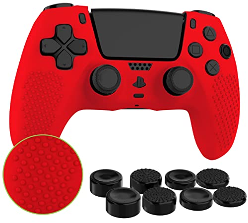 MyGadget Silikon Hülle kompatibel mit PS5 Controller - mit 8 Thumbsticks (2X Paar Hoch / 2X Paar Tief) - Playstation 5 Dualsense Wireless Skin in Rot