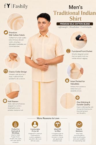 Image of Men's Traditional Indian Shirt and Dhoti Set, Half Sleeves Tissue Silk Cotton Shirt With Dhoti 2 metres for men