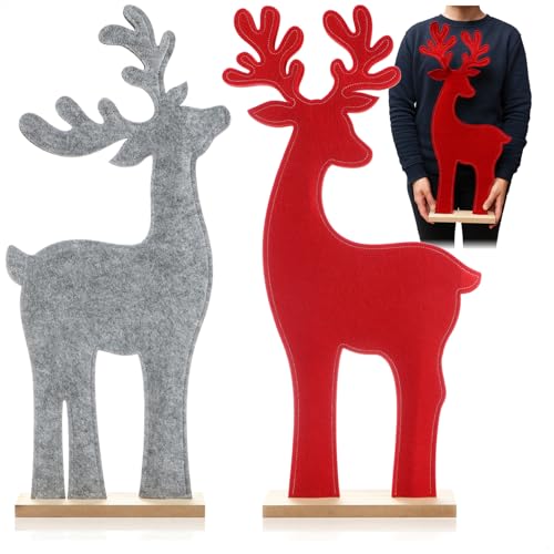 com-four® 2x supporto decorativo per Natale - renna in feltro per stare in piedi - supporto natalizio per decorare e regalare (Renna - grigio rosso)