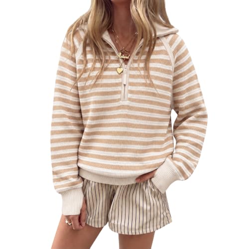 Gumipy Quarter Zip Pullover Women Knit Stripe Sweater Long Sleeve Pullovers - image 1