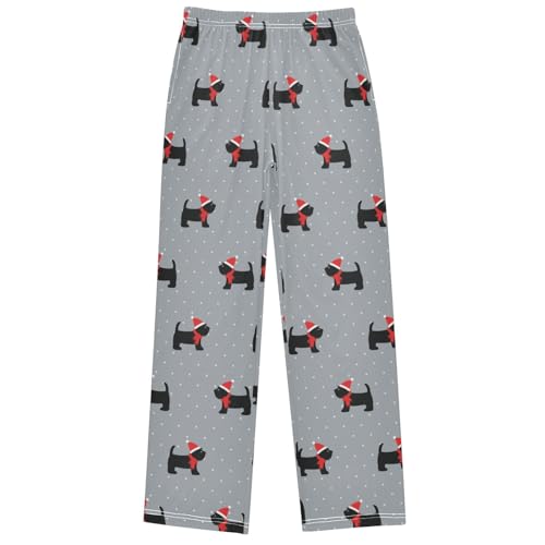 Boy's Lounge Pants Scottish Terrier Dog Xmas Hat Kids Jogger Pants Elastic Waist Long Bottoms with Pockets 6-14 Y