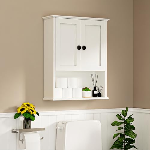 LDarqeer Over the Toilet Storage Cabinet Wall Mounted Bathroom Cabinet with Fixed Shelves, Easy Assembly, Sturdy Frame, Waterproof Painted & Moisture-Resistant Surface, Space-Saving Storage, White