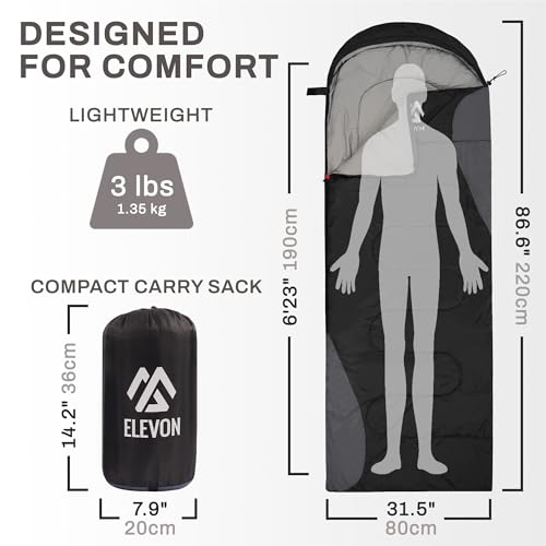 Elevon Sleeping Bag for Adults Teens Kids Cold Warm Weather, Portable Waterproof & Lightweight, Compact with Compression Sack, for 3-4 Seasons Camping, Backpacking, Hiking, Travel, Indoors Outdoors