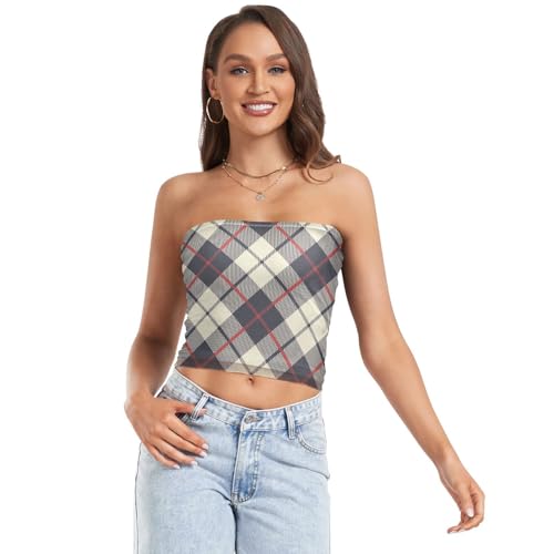 Stripe Plaid Womens Strapless Tube Top with Mesh Sleeveless Crop Top Strapless Bra for Teen Casual