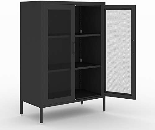NITETRONIC Black Steel Mesh Door Household Sideboard, Net Door Assemble Dining Room Cupboard Metal Bedroom Storage Cabinet Large Space Garage Organizer 3-Layers Living Room Cabinet