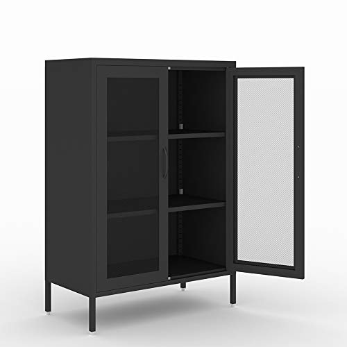 Nitetronic Black Steel Mesh Door Household Sideboard, Net Door Assemble Dining Room Cupboard Metal Bedroom Storage Cabinet Large Space Garage Organizer 3-Layers Living Room Cabinet #TOP2