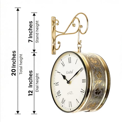 Image of CRAFTEL Double Sided Station Wall Clock Multi-Layer Electroplated | Both Side Roman Numerals | Aluminum Matte-Finish Dial Brass Body | Dial - 12 Inches, Shiny Gold | 365 Days Warranty
