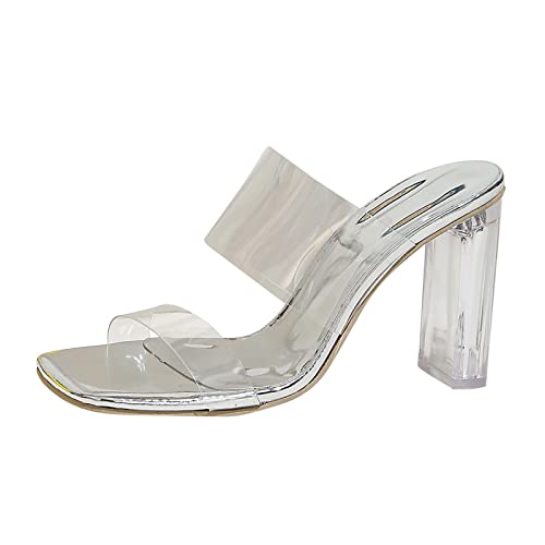 Zapatos Extra Ancho Mujer Verano Transparente Cinturón Cuadrado Dedo Abierto Gruesas Sandalias de Tacón Alto Sandalias de Verano Sandalias de Mujer Tacón, plata, 42 EU