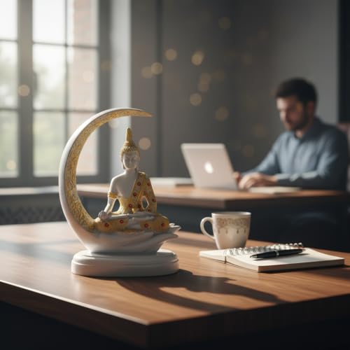 Image of ZAICUS White Buddha Idol for Home Decor | Meditating Buddha Statue on Crescent Moon | Showpiece for Living Room, Office, Temple | Spiritual Gift