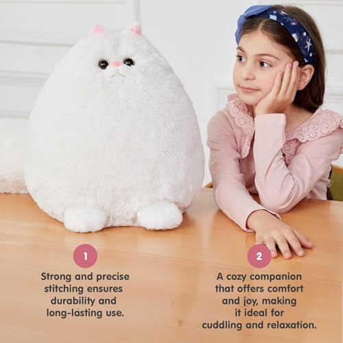 Image of Fluffy Persian Cat Plush, Ultra-Soft Stuffed Animal, White, Cuddly Round Kitty Pillow Toy for Kids & Adults, Home Decor, Snuggling, 27cm