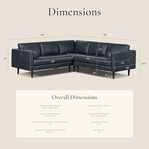 Image of Poly & BARK Napa 98 inch Leather Corner Sectional Sofa - Full-Grain Italian-Tanned Aniline Leather, Feather-Down Comfort, Solid Wood Frame - Nightfall Blue