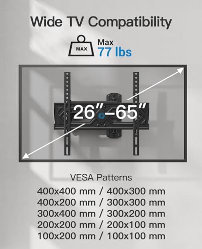 Image of Pipishell Full Motion TV Wall Mount for 26-65 Inch Flat Curved TVs, Heavy Duty Single Articulating Arms, Corner TV Mount Up to VESA 400x400mm and 77lbs, Support Swivel, Tilt, Level Adjustment