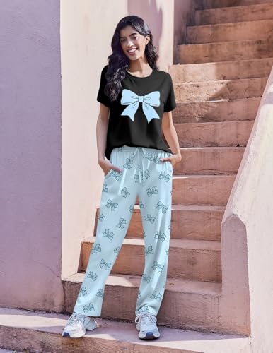 Image of Ekouaer 2 Pack Pajamas for Women Set Short Sleeve Sleepwear Top and Pants Pjs Soft Printed Lounge Sets with Pockets