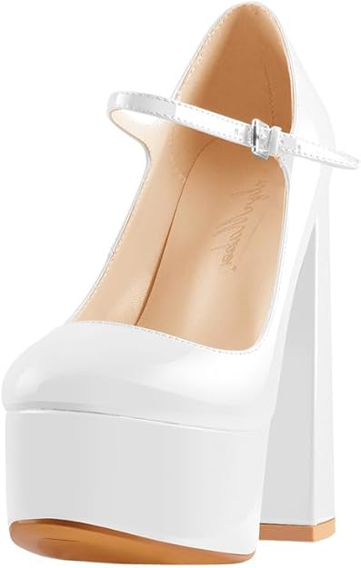 blingqueen Mary Jane Plateaupumps voor dames, hoge hakken met blokhak, riempjespompen, lak, Zwarte lak, 43 EU