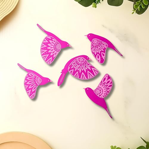 Image of DAKSHESTRY ARTWORKS Wooden 3D 5 Pieces Birds for Wall Art Panel | Wood Bird Folk Art Wall Hanging Art Decoration Item for Living Room, Bedroom, Drawing Room, Dining Room & Office (PINK) Pack of 1