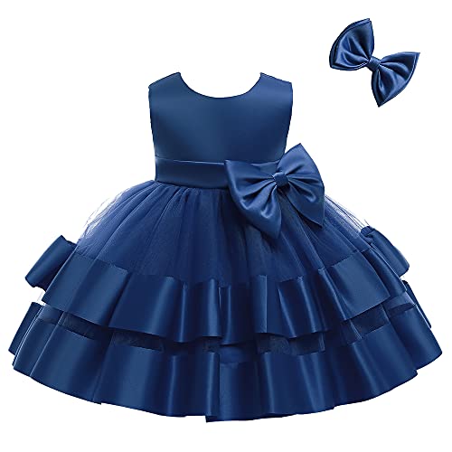 Baby Girls Big Bowknot Lace Dresses Toddler Ruffles Infant Easter Tutu Birthday Dress With Hair Bow 6M 12M Navy Blue 70 #TOP4