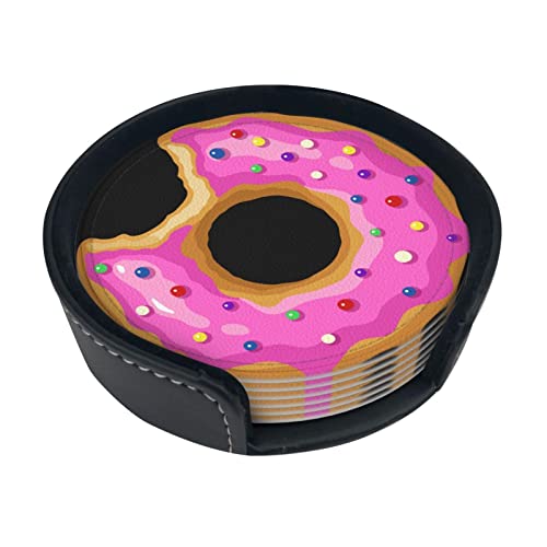 Beignet mordu avec glaçage Rose Donut Dessous de Verre en Cuir pour Boissons Lot de 6 avec Support