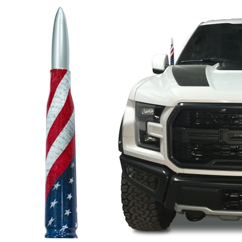 Image of Car Truck Antenna with Tire Stem Caps American Flag Anti-Theft Design, Universal Short Replacement for Ford F150 F250 F350 Raptor Dodge RAM GMC Sierra Chevy Silverado 1500 2500 3500, Silver