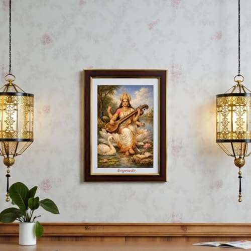 Image of divyamandir Maa Saraswati Framed Wall Art (18 x 14 Inches) | Traditional Hindu Goddess Painting with Glass Frame | Decorative Photo Frame for Home, Pooja Room & Office Decor (Maa Saraswati)