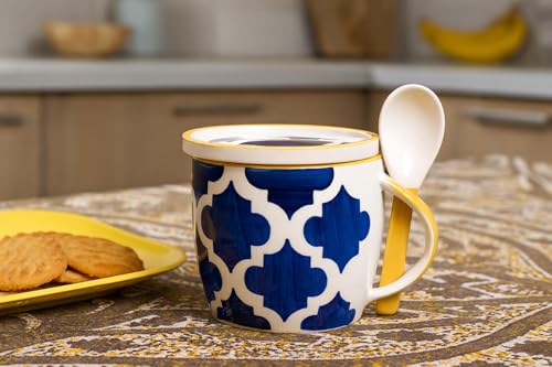 Image of HS HINDUSTANI SAUDAGAR Blue Umrao Cup & Coaster Set of 1 (330 ML Each) Microwave Safe Coffee Mugs Ceramic Milk Mug Ceramic Tea Mug Set Handmade Cup Best for Gift.