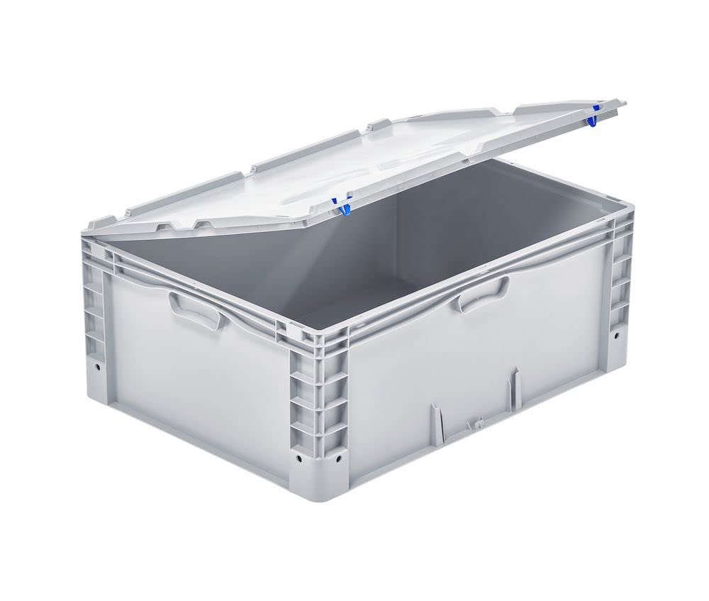SuperSparSet 4x Scharnierdeckel mit 2x blauen Schiebeschnappverschlüssen für Euro-Norm Großbehälter | BxT 60x80cm | Grau | Eurobox, Transportbox, Transportbehälter, Stapelbehälter
