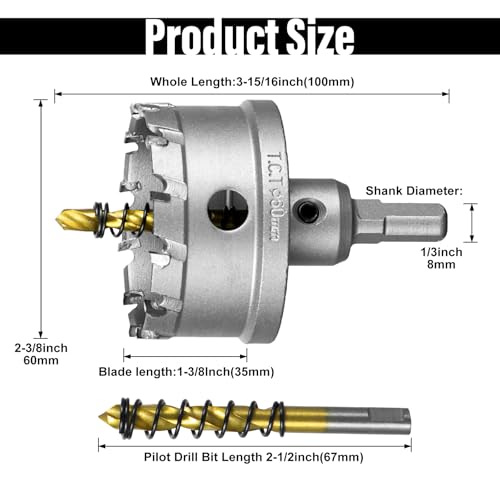 Image of SALI 2-3 /8 inch (60mm) TCT Hole Saw Kit Tungsten Carbide Tipped Hole Saw Drill Bit with Titanium-Plated Pilot Drill bit for Metal, Stainless Steel, Iron, Wood, Plastic 2pcs